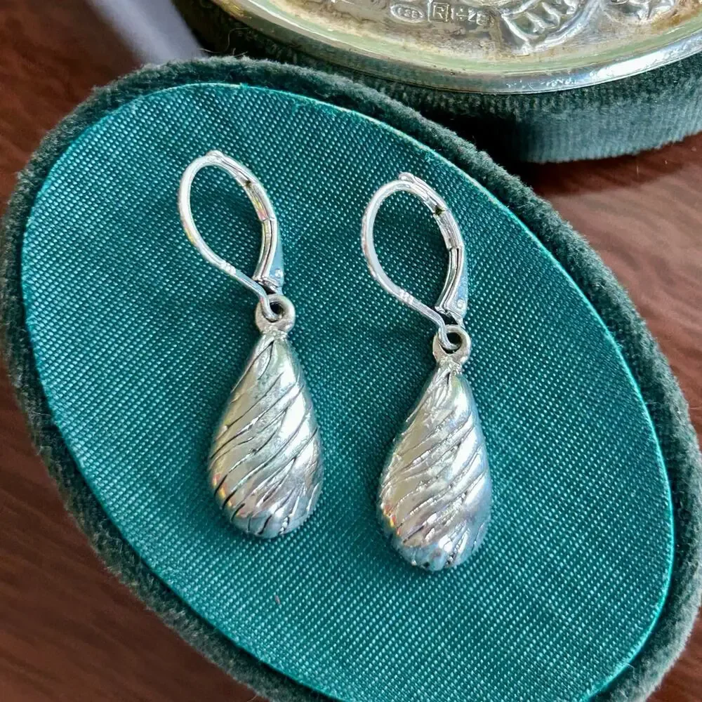 Vintage Sterling Silver 925 Teardrop Dangle Earrings – Textured Drop Design
